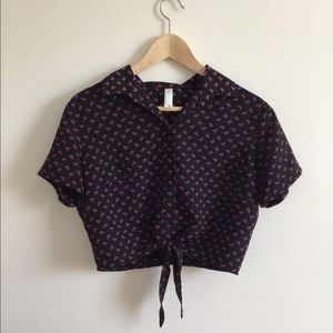 American Apparel Black Patterned Button up w/ tie